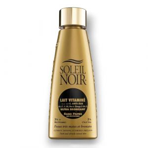 Soleil Noir - Lait Corps Vitamin&eacute; Sans Filtre Ultra Bronzant - Peaux Tr&egrave;s Mates et Bronz&eacute;es - Actifs Anti-&Acirc;ge et Vitamines - Fabrication Fran&ccedil;aise - Flacon avec Capsule Service, 150 ml (Cocooncenter, neuf)
