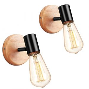 Lots de 2 Applique Murale Interieur Vintage E27 Lampe Murale Industrielle en Métal Applique Murale Bois Rotative Lampe de Mur Noir pour Salon Chambre Cuisine Salle de bain (LigKin Light, neuf)