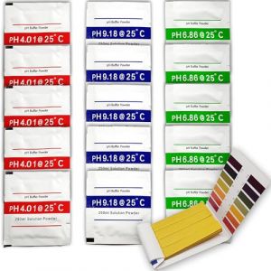 Lot de 15 poudres d'étalonnage + bandes pH | PH-mètre 4.00 | 6.86 | 9.18, poudre d'étalonnage du pH, solution tampon pH pour des résultats précis, 5 lots de 3 solutions chacune (Quick And Clever Trading, neuf)