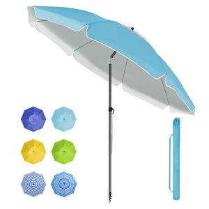 BelleMax Parasol de Plage Exterieur, avec ancre de sable 12 cm & Sac de Parasol, Inclinable sur 30°, Hauteur réglable, pour Balcon, Plage, Terrasse, Protection Solaire UV50 +,Bleu Ciel,200 cm (Ominia, neuf)