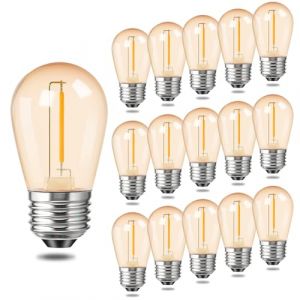 BESLAM S14 Ampoule &agrave; Filament LED 1W, Ampoule Edison en Plastique Ambre Blanc Chaud 2700K &Eacute;quivalent &agrave; 20W, 130LM E26 Base pour Remplacement d'Ampoule &agrave; Guirlande Ext&eacute;rieure Imperm&eacute;able, Lot de 15 (BESLAM, neuf)
