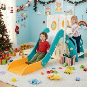 Toboggan Bebe, Toboggans Exterieur/Interieur Enfant, 4 en 1 Toboggan Autoportant, avec T&eacute;lescope, Espace de Rangement, Escaliers, Glisse 136cm,Jusqu'&agrave; 60 kg, Vert et Jaune, Module 2PCS (BRT Store, neuf)