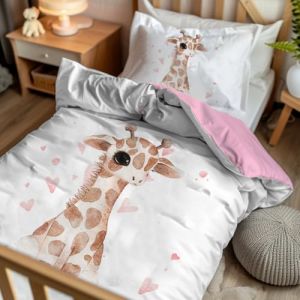 Pictogogo Parure lit bébé 2 pièces – Housse Couette 80 x 120 + taie 40 x 60 – Motif Girafe Rose/Revers Coton Rose – Microfibre & Coton Oeko-TEX – Fermeture éclair – lit à barreaux (PersonaliseDog, neuf)