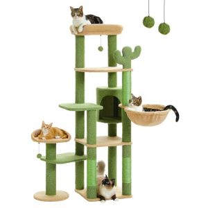 PETEPELA Arbre à Chat Cactus Géant, Tour pour Chat à Multi-Niveaux avec Griffoir Robuste, Condo Douillet, Grand Hamac et 2 Perchoirs Spacieux, 150 cm, Vert (PETEPELA, neuf)