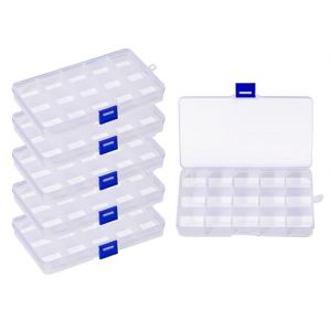 HUAZIZ 6 Pi&egrave;ces Boite Rangement Plastique, Boite a Bijoux Casier Rangement, Boite de Rangement Plastique Ajustable &agrave; Usages Multiples, Petite Boite Plastique (15 Compartiments, Transparent) (HUAYUE-EU, neuf)