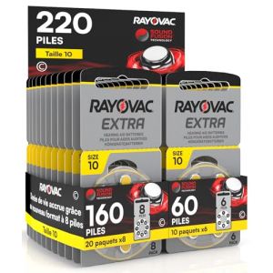 220 piles pour appareils auditifs Rayovac Extra 10. - 20 ampoules de 8 et 10 ampoules de 6 piles (Eurocali, neuf)