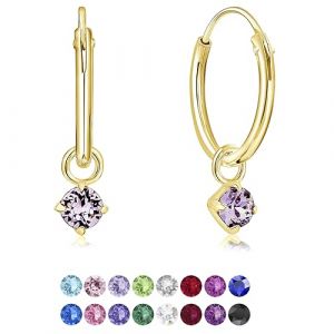 DTPsilver&reg; Boucles d'oreilles PETITES Cr&eacute;oles en Argent Fin 925 Plaqu&eacute; Or Jaune avec petit Pendentif 3 mm Cristaux de Swarovski&reg; Elements Ronds - Diam&egrave;tre: 14 mm - Couleur: Violet (DTPSilver, neuf)