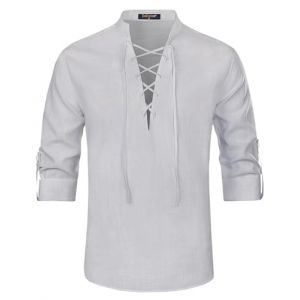 Enlision Chemise pour Homme &agrave; Manches Longues col en V v&ecirc;tements m&eacute;di&eacute;vaux Coton Classique &eacute;cossais Jacobite Kilt Lin Chemises Gris Clair XL (MXECEUR, neuf)