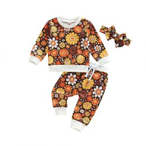 Dazzerake Ensemble B&eacute;b&eacute; Fille 3Pcs Ensemble Fille Imprim&eacute; &agrave; Fleur Haut + Pantalon + Bandeau Tenue Chic B&eacute;b&eacute; Fille 6 Mois-4 Ans Automne Printemps Hiver (Fleur Jaune, 6-12 Months) (gaokana, neuf)