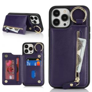 Ｈａｖａｙａ Coque pour iPhone 15 Pro Max avec Porte Carte Etui f&uuml;r iPhone 15 Pro Max avec Mousqueton Porte cl&eacute; Porte Monnaie Femme Cuir zipp&eacute; Housse Rabat avec Anneau - Violet (HuaJie-Tech, neuf)