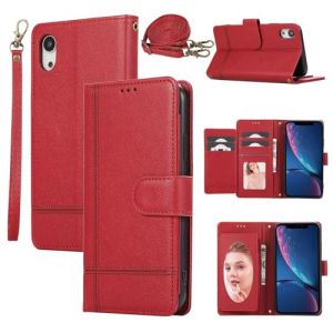 Beajew Coque Compatible avec iPhone XR avec Cordon, Flip Portefeuille &Eacute;tui en Cuir [6 Porte Carte] [Miroir] [Fermeture Magn&eacute;tique] Clapet Housse Etui &agrave; Rabat - Rouge (KSTFMY, neuf)