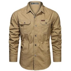 PADOLA Chemise Homme Manches Longues Slim Fit Coton Boutonnée Chemises avec Poches Col Rever Chemise de Travail Cargo Uni Chemisette Militaire Tactique Shirt Safari Habit (0 Kaki, S) (Chaos World Apparel, neuf)