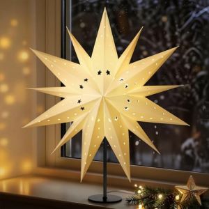 Lewondr Lampe Table Étoile De Noël En Papier 3D, 17,72" Étoile De Noël À 13 Pointes Ajourée Illuminée Avec Ampoule LED E14, Décoration Lumineuse Table Pour Fêtes Avec Base En Fer (Showmore EU, neuf)