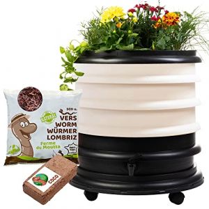 WORMbox | Lombricomposteur 3 Plateaux Ivoire + Jardinière + 250gr de vers de Compost + 1 Bloc Coco | 48 litres | Compostez Vos déchets organiques, Les vers de Terre / lombrics / lombricompost (Ferme du Moutta, neuf)