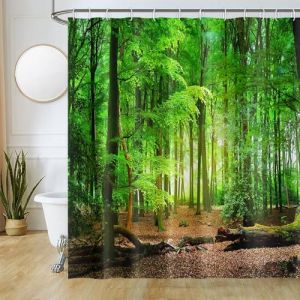Uiiooazy Rideau Douche Anti Moisissure, Rideau de Douche 180x180cm Feuilles Vert Forêt Printemps Naturel Paysage Rideaux de Baignoire Tissu Lavable Imperméable Rideaux Salle de Bain avec 12 Crochets (dongguibinjingpinxiaodianpu, neuf)