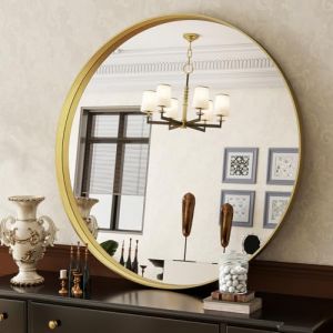 Koonmi Miroir rond de luxe 81 cm - Cadre profond dor&eacute; - Miroir mural rond avec cadre en m&eacute;tal bross&eacute; noir - Pour salle de bain, salon, entr&eacute;e - D&eacute;coration murale (KoonmiEU, neuf)