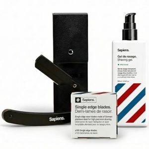 Sapiens Barbershop Kit Rasage Homme - Kit Rasoir Barbier avec Rasoir Coupe Choux Barbe + Gel de Rasage Transparent + 120 Lames Derby (1 an de rasage) (Sapiens &reg;, neuf)