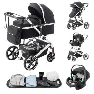 Zkiprm Système de voyage 3 en 1 pour poussette, landau et siège auto, poussette avec poignée réglable en hauteur, poussette pour bébé avec moustiquaire, landau de voyage avec cadre en aluminium pour (Zkiprm, neuf)