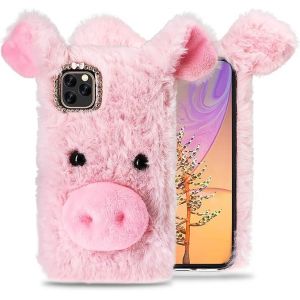 SGVAHY Coque en fourrure pour iPhone 6/6S - Motif cochon mignon - Rose - Peluche moelleuse - Douce et chaude - Avec paillettes - Pour femmes et filles (Black Lemon, neuf)