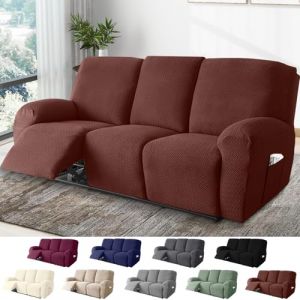 BOYIFEIJIE Housse Fauteuil Relax 3 Places, Housse de Fauteuil Extensible avec Poches, Housse Canapé Relax Jacquard Rayé Tout Compris, Protège Fauteuil pour Fauteuil Inclinable (Marron Foncé, 8 Pièces) (Baiyirich, neuf)