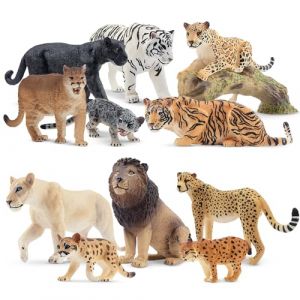 TOYMANY Lot de 12 figurines d'animaux de la jungle et des troncs d'arbre r&eacute;alistes, lions, tigres, gu&eacute;pards et jaguar, animaux en plastique pour enfants (TOYMANY, neuf)