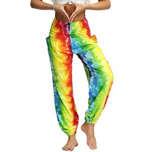 Nuofengkudu Femme Hippie Sarouel Harem Thai Pantalon Poches Boho Fleuri Print Taille Haute Baggy Casual Plage Leger Yoga Pants (Rainbow C,Taille Unique) (better Life, neuf)