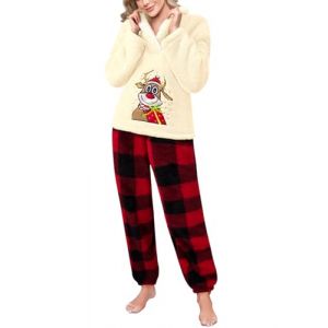 Tuopuda Pyjama Noel Pilou Pilou Femme Chauds Polaire 2 pi&egrave;ces, Wapiti Imprim&eacute; Haut Tops avec Pyjama Pantalon Doux Nightwear V&ecirc;tements de Maison Idee Cadeau Femme Maman Mamie, Beige, L (GHF-Direct, neuf)