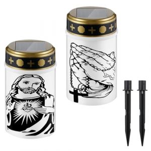 Lampe Funéraire Solaire*2pcs, XiXiRan Lanterne Funéraire pour Bougie, Bougie Funéraire Exterieur, Lumière Cimetiere Solaire, Lampe Funéraire avec Piquet de Terre, Bougies de Cimetière Imperméables (C) (XIUWEI, neuf)