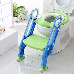 Si&egrave;ge de Toilette Enfant, Si&egrave;ge Toilette avec Marches, Coussin Doux et &eacute;chelle, R&eacute;ducteur de Toilette B&eacute;b&eacute; Pliable et R&eacute;glable en Hauteur, Adaptateur Toilette Enfant de 1 &agrave; 7 ans (Bleu-Vert) (hlang EU, neuf)