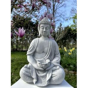 FABRIQ Grand Bouddha avec petit pot de fleurs dans les mains, figurine de Bouddha pour jardin zen, statuette en pierre, résistante aux intempéries, massive, résistante au gel, pour l'extérieur, 40 cm, (MaisonEtJardin, neuf)