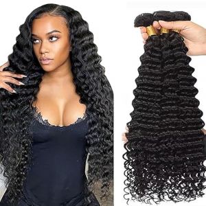 Tuheerst Deep Wave Human Hair Bundles Tissage Bresilien en lot Cheveux Humain Natural Black Human Hair Extensions 3 Bundles Tissage Cheveux Naturels Double Weft Remy Hair 30 30 30 Pouce (QC Hair, neuf)