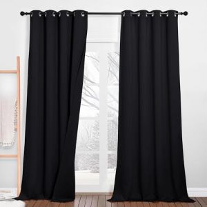 PONY DANCE Rideaux Anti Bruit - Rideaux 100% Occultant Noir Isolant Thermique Anti Froid Chaleur &Eacute;pais Opaque Anti UV pour Chambre Salon Maison &agrave; Oeillets, L132 x H260cm, 2 Pcs (RYB HOME EU, neuf)