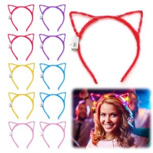 Lot de 10 bandeaux LED avec oreilles de chat - Serre-t&ecirc;te de No&euml;l - Accessoires de cheveux - Oreilles de chat - Serre-t&ecirc;te de No&euml;l pour No&euml;l, concerts, f&ecirc;tes, Nouvel An (YUANPU-UK, neuf)