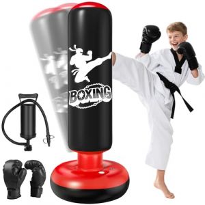 Qoosea Sac de Boxe pour Enfants 6 &agrave; 12 Ans, 160cm Gonflable Sac de Frappe sur Pied, Sac de Boxe Set de Formation avec Gants, Cadeau Parfait pour Gar&ccedil;ons et Filles pour Karat&eacute;, Taekwondo (JIACAISHANGAO, neuf)