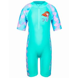 HUAANIUE Filles Maillot de Bain 1 Pi&egrave;ce 2-12 Ans, Anti-UV UPF 50+ Manches Courtes, Fermeture &Eacute;clair Frontale, Imprim&eacute;s Color&eacute;s, Id&eacute;al pour Plage et Piscine (S234-&Eacute;cailles Cyan, 10-11 Ans) (HUANQIU EUR STORE, neuf)