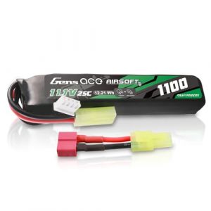 Gens ace 3S Batterie Lipo Airsoft 11,1V 1100mAh 25C 3S1P avec Connecteur TMY, Compatible R&eacute;pliques AEG M4et Crosse Le (GensAce&Tattu, neuf)