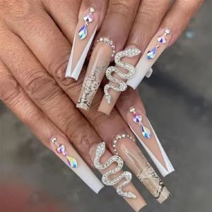 Faux ongles, ongles à presser Faux ongles longs en forme de cercueil avec colle, faux ongles marron portables avec strass, presse de Ballet, couverture complète(3) (zhangtingamz, neuf)