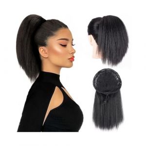 Extension de queue de cheval Postiche queue de cheval crépue droite 10"Afro Puff Yaki Extension de queue de cheval droite avec cordon de serrage synthétique cheveux courts fausse queue de cheval for f (pingwang, neuf)