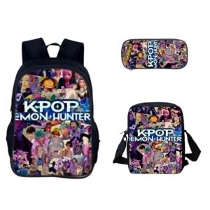 G&eacute;n&eacute;rique Sac &agrave; Dos K-POP DE-MON HUNTERS &ndash; Huntrix Cartable Scolaire Imperm&eacute;able 3 Pi&egrave;ces pour Coll&egrave;ge/Lyc&eacute;e &ndash; Sac Bandouli&egrave;re + Trousse &ndash; Pour Gar&ccedil;on Fille Fans de K-pop (PANGKII, neuf)