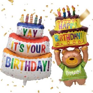 Ballon Gonflable XXL Happy Birthday, Ballon Gonflable en Aluminium Motif G&acirc;teau, Motif Ours Ballons Gonflables, pour D&eacute;coration de F&ecirc;te D'Anniversaire (YANGJIEKUN LIMITED, neuf)