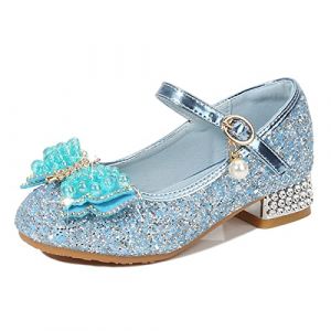 Monissy Princesse Fille Chaussure à Talon Enfant Ballerine Paillettes Papillon Danser Date d'anniversaire Fête des Enfant Sandales Mariage Halloween Noël Carnaval Cosplay Déguisement,Bleu，35 (Monissy, neuf)