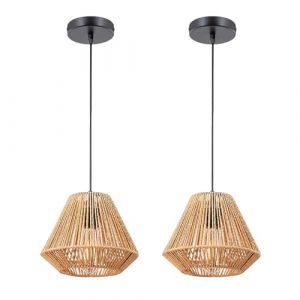 LIGKIN Lot de 2 Lustre Rotin Luminaire Vintage Industrielle E27 Boho Lampe de Suspension R&eacute;tro &Oslash;24cm Abat-jour Cage en forme Diamant en M&eacute;tal et Corde de Chanvre Luminaire Plafonnier pour Salon Salle (LigKin Light, neuf)