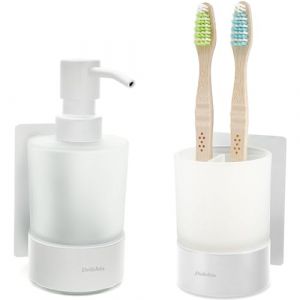 Dolvhin&reg; Distributeur de Savon et Porte-Brosse &agrave; Dents Mural | Verre d&eacute;poli &agrave; Coller | Gobelet &agrave; Dents INOX sans per&ccedil;age | Doseur Savon Liquide | Set Salle de Bain &eacute;l&eacute;gant | Blanc Mat (Vigoliving, neuf)