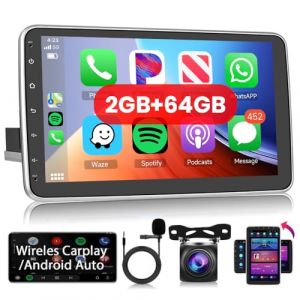 Hodozzy Autoradio 1 Din 2G 64G Android Carplay sans Fil Android Auto, Poste Radio Voiture Single DIN Rotatif Vertical Ecran Tactile 10,1 Pouces 1 Din avec Navi GPS WiFi Bluetooth Radio FM/RDS Cam&eacute;ra (Hodozzy Store, neuf)
