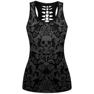 Ocean Plus Femme Crâne Sport Débardeurs Gothique Cache-cœur Gilet d'entraînement sans Manches Chemise Criss Cross Noir T-Shirt Halloween (XXL (Brustumfang: 104 cm), Crâne Sombre en Forme de Fleur) (Ocean Plus, neuf)