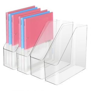 IBEQUEM Lot de 4 porte-revues en acrylique transparent - Organiseur vertical en plastique pour magazines - Pour bureau à domicile, bureau (IBEQUEM, neuf)