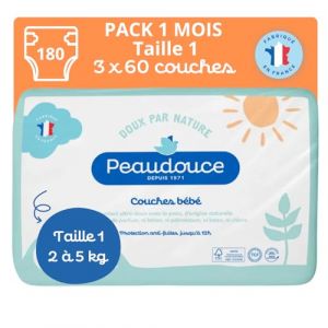 PEAUDOUCE - 180 Couches Bébé Taille 1 (2-5kg) - Pack 1 Mois : 3 Sacs x 60 - Ecologiques, Naturelles et Saines - Fabriquées en France - Protection Anti-Fuites Jusqu'à 12 h - Non Blanchie Au Chlore (Peaudouce, neuf)