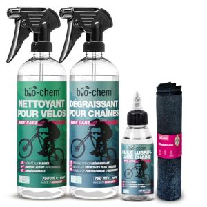 bio-chem - Kit entretien v&eacute;lo, vtt - Nettoyant complet 750ml - D&eacute;graissant cha&icirc;ne 750ml - Huile lubrifiante 100ml - Chiffon en microfibres &ndash; Basic Set 4 produits (bio-chem, neuf)
