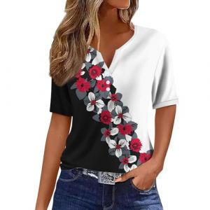 Offre De Printemps T Shirt Femme Casual Boheme Chic Manches Courtes avec des Leggings Shirt Haut Confortable Élégant Col V Grande Taille Blouse Henley Chemisier Tee Shirt Sport Femme(Rouge,XXL) (LOAMD, neuf)