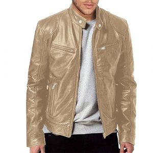 Veste en cuir PU pour homme, noir, couleur unie, blouson de motard, chaud, coupe-vent, avec poches, pour les sports de plein air, style vintage, or, M (發財rich EU, neuf)